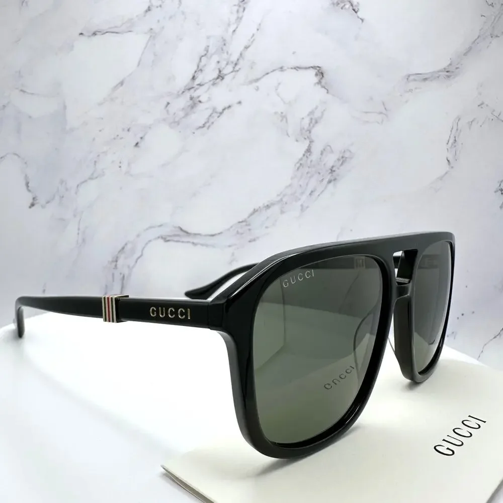 New GUCCI Sunglasses Black Aviator Pilot Gold Logo Metal Red Green Web Gucci